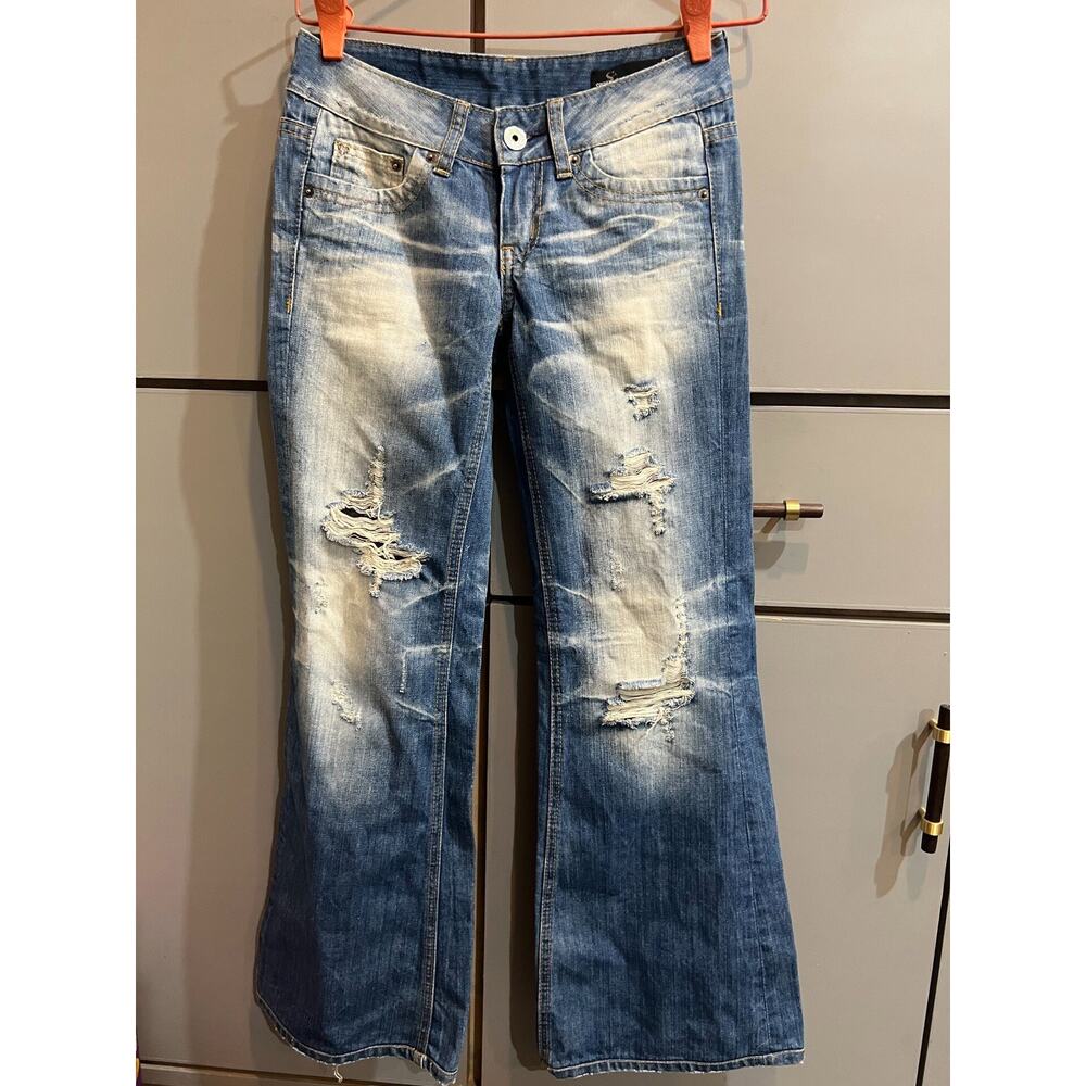 Vintage Japanese Brand Ripped Low-rise Flared Bootcut Denim Jeans Blue size 28